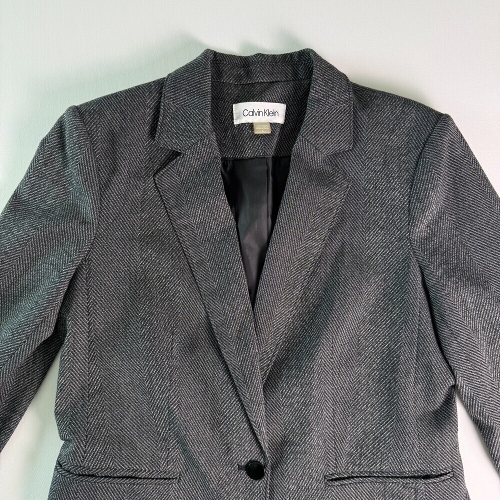 Calvin Klein Women's Herringbone Blazer, Sz 6, Gray Single Button Notched Lapel - Picture 3 of 16